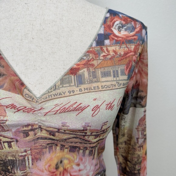 Y2K Vibrant Hawaiian Print Top Womens Medium* Hula Girl Lettuce Hem Dainty Fairy - Picture 5 of 12